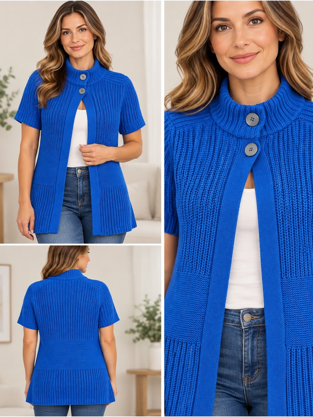 Jones New York Sport Blue Chunky Knit Short Sleeve Cardigan Sweater Medium
